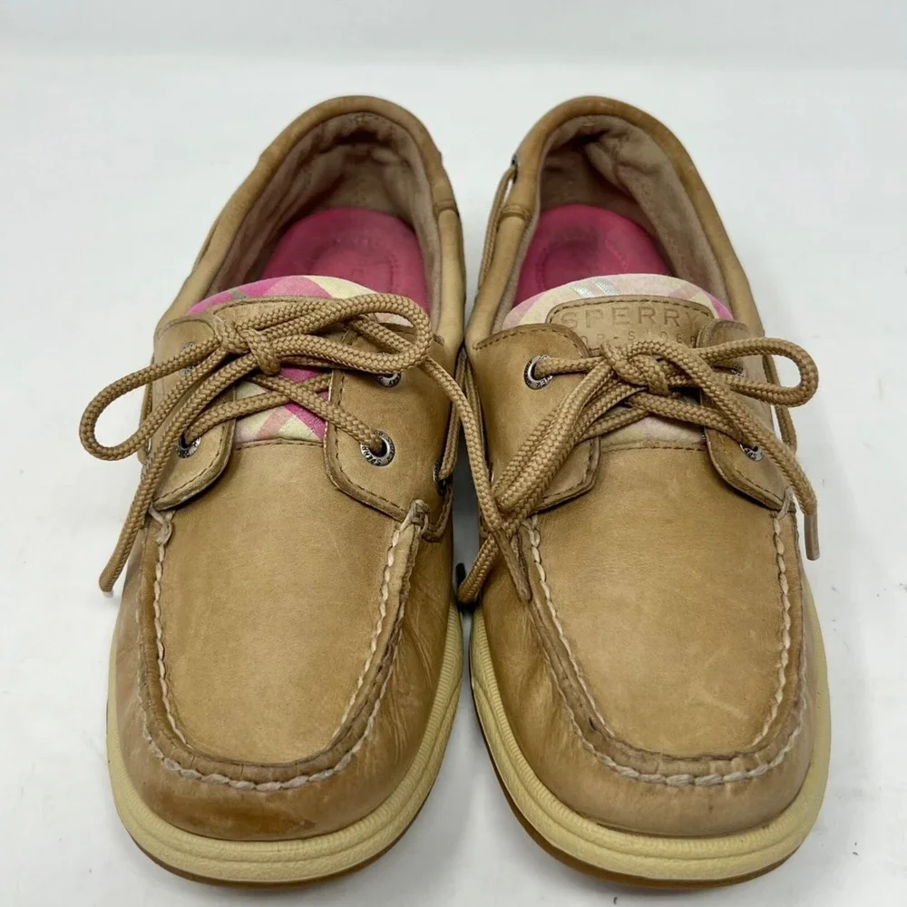 Sperry Womens‎ Plaid Tan Pink Green Leather Boat Deck Shoes Size 6M Preppy Girl